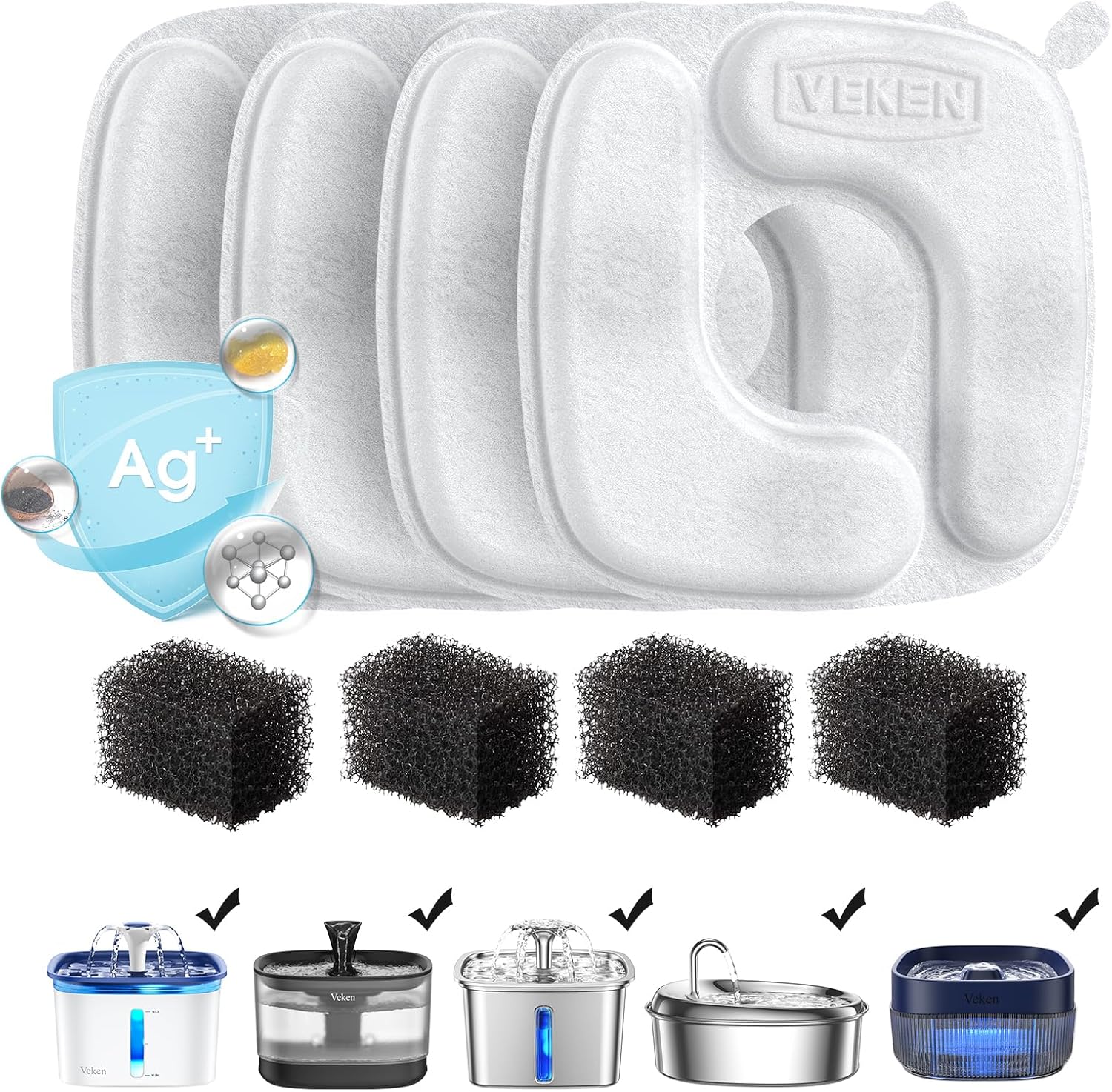 Veken Cat Water Fountain Filters, 4 Pack Replacement Filters & 4 Pack Replacement Pre-Filter Sponges Set for 67oz, 95oz, 135oz Automatic Pet Fountain Dog Water Dispenser